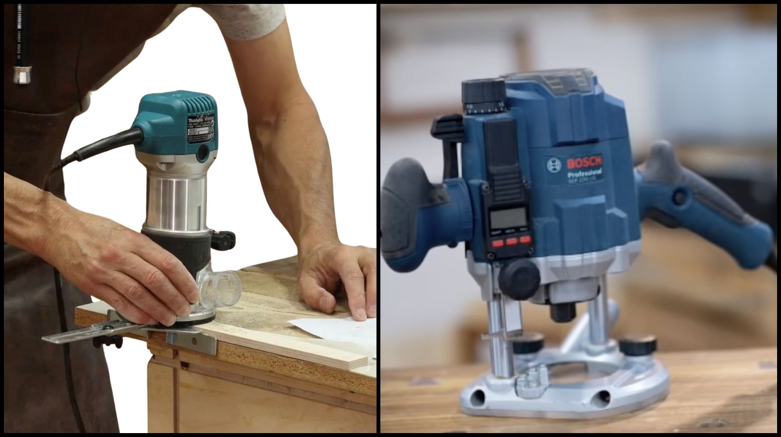 Affleureuse et défonceuse côte à côte pour comparer leurs usages en menuiserie